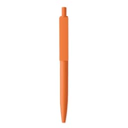 An orange pen with a square-shaped barrel and a rounded tip, featuring a branding logo.