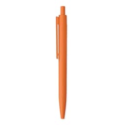 An orange pen with a sleek design, featuring a clip for convenience.