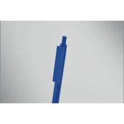 A blue pen with a retractable mechanism and a sleek design. It features a smooth barrel and a clip for attachment.