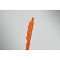 An orange drink bottle with a slim design and a top opening, featuring a branding logo.