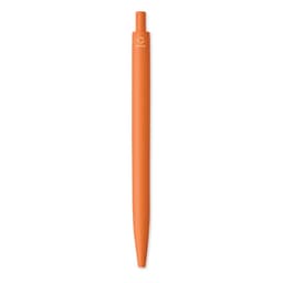 An orange pen with a smooth finish and a clip, featuring a small logo at the top.