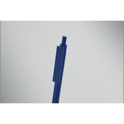 A drink bottle in deep blue, featuring a sleek design and a push-button lid. It has a logo prominently displayed.