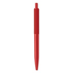A red pen with a sleek, tapered design and a glossy finish, featuring a logo on the barrel.
