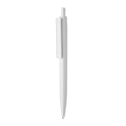 A white ballpoint pen with a smooth, streamlined design and a clip for attachment.