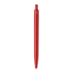 A red pen featuring a smooth, elongated design and a logo on the barrel.