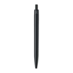 A black pen with a sleek, tapered design and a back button, featuring a branding logo at the top.