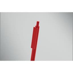 A red pen with a retractable tip, featuring a simple design and a clip for easy attachment.