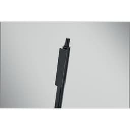 A black pen with a sleek design and a retractable tip, featuring a branding logo on the side.