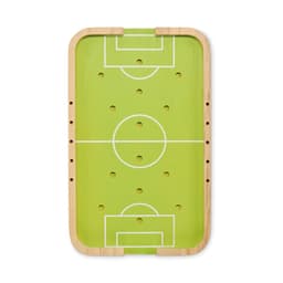 A tabletop football game with a green playing surface and wooden borders, featuring marked soccer field lines and holes.