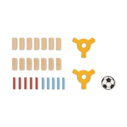 A game set featuring wooden blocks in natural, red, and blue colours, two yellow goalposts, and a small soccer ball.
