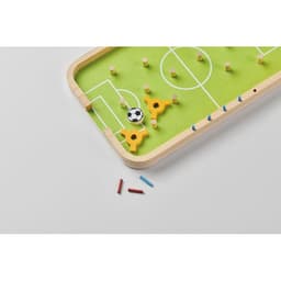 A tabletop soccer game featuring a green playing field, wooden players, and a black-and-white soccer ball.