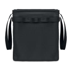 A black promotional bag with a roll-top closure and adjustable shoulder straps. It features a branding logo.