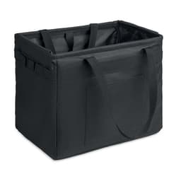 A black insulated tote bag with two handles and multiple compartments for storage. Features a structured design.