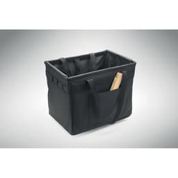 A black fabric storage container with handles and an external pocket. It has a sturdy rectangular shape.