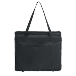 A black tote bag featuring dual handles and a front pocket, with a sleek, minimalist design.