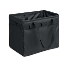 A black insulated cooler bag with sturdy handles and a spacious interior. The bag has a structured rectangular shape.