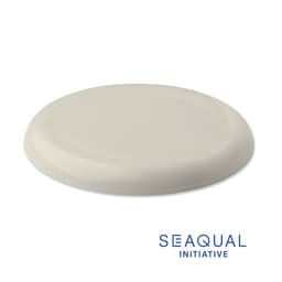 A frisbee in a light cream colour, featuring a textured surface and a logo in the corner.