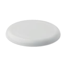 A white frisbee with smooth edges, featuring a slight rim design and a logo on the underside.