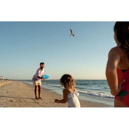A beach scene featuring a man throwing a blue frisbee, with two children playing on the shoreline.