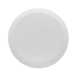 A white plate with a subtle textured rim, featuring a smooth centre. It has a simple, elegant design.