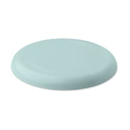 A frisbee in a soft blue colour, featuring a smooth surface and slight texture around the edge.