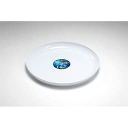 A white plate featuring a circular design in the centre. The plate has a glossy finish and a prominent logo.