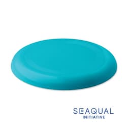 A frisbee in a vibrant turquoise colour, featuring a branding logo for the SEAQUAL initiative.