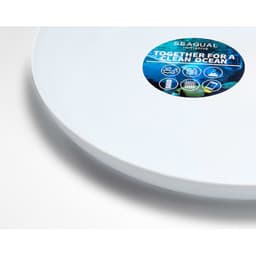 A white plate featuring a circular logo related to ocean conservation. The logo includes various symbols and designs.