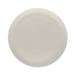 A round, cream-coloured plate with subtle concentric ring detailing and a smooth surface.