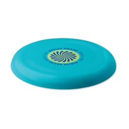 A frisbee in vibrant blue with a circular design and branding on the top surface.