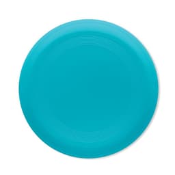 A frisbee in a vibrant shade of turquoise with subtle concentric circles on its surface. It has a simple design without any logos.