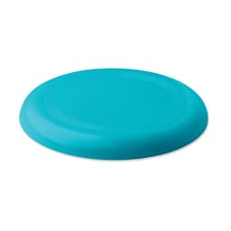 A frisbee in a vibrant turquoise colour with a smooth surface and a subtle rim design. It has a logo on the top.