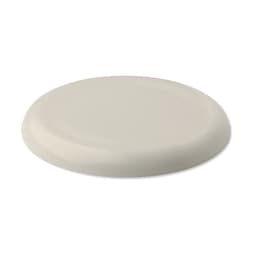 A light beige frisbee with a smooth, rounded edge. It has a simple design and features a logo.