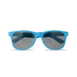 A pair of blue sunglasses with grey tinted lenses and a plastic frame.