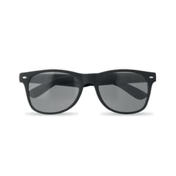 A pair of black sunglasses with dark lenses and a classic design, featuring a subtle logo on the frame.