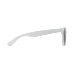 A pair of white sunglasses with a minimalist design, featuring a straight arm and dark lenses.