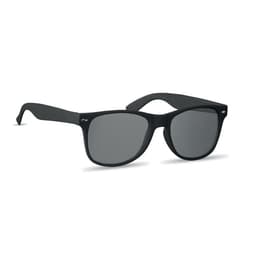 A pair of black sunglasses with a classic design, featuring dark lenses and a logo on the frame.