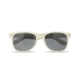 A pair of cream-coloured sunglasses with grey lenses and a classic design. The frames have a subtle logo.