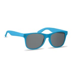 A pair of blue sunglasses with grey lenses and a matte finish. The frame has a modern design and curved arms.