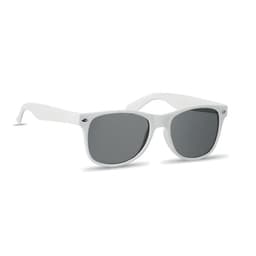 A pair of white sunglasses with grey lenses, featuring a sleek design and a logo on the arm.