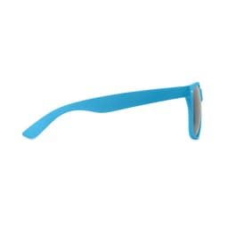 A pair of blue sunglasses featuring a sleek design and a smooth, bright blue frame.
