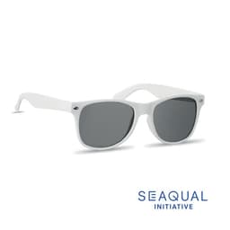 A pair of white sunglasses with grey lenses, featuring a logo on the side.