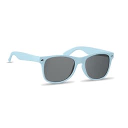 A pair of light blue sunglasses with grey lenses and a sleek design. They feature a logo on the side.