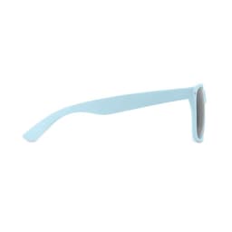 A pair of light blue sunglasses featuring a sleek design and grey lenses, with a logo on the frame.