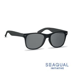 A pair of black sunglasses with dark lenses and a sleek design, featuring a logo on the side.