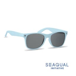 A pair of light blue sunglasses with grey lenses and a logo on the side.