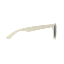 A pair of white sunglasses featuring a sleek design and dark lenses, positioned sideways.