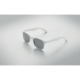 A pair of white sunglasses with grey lenses on a reflective surface, featuring a minimalist design.