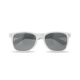 A pair of white sunglasses with grey lenses and a simple design. The sunglasses have a logo on the side.