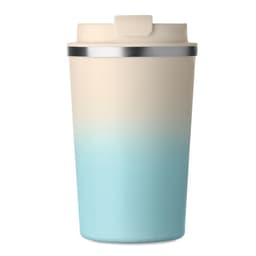 A drink bottle in a gradient design, featuring cream and light blue colours with a silver band and a lid.